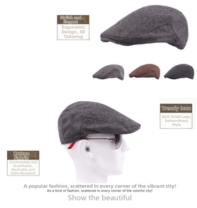 Detailed close-up of men's cotton herringbone flat cap with metal shield and 3D tailoring