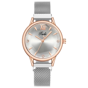 Montre à quartz pour femmes avec bracelet en maille argentée et accents en or rose