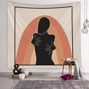 Bohemian tapestry featuring minimalist figure silhouette and abstract rainbow on white wall