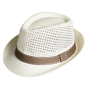 Chapeau Fedora en paille blanche respirante pour homme avec ruban décoratif rayé