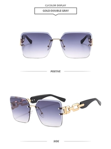 Detailed front and side view of gold frame square sunglasses with gradient gray lenses