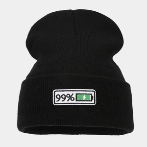 Hip hop style black knit beanie featuring a creative 99 percent battery power embroidery patch