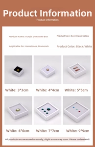 Various sizes of clear acrylic gemstone display boxes with memory foam pads and white finish
