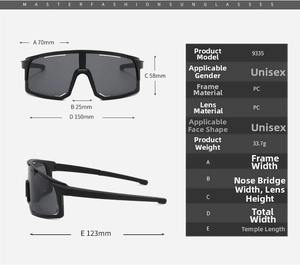 Size guide and dimensions for sports cycling sunglasses with PC frame and lens