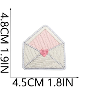 Love letter envelope embroidery patch with pink heart and dimensions shown in inches