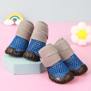 Grey-blue breathable mesh dog shoes with non-slip rubber soles and elastic ribbed cuffs