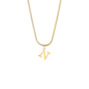 Detailed view of an 18K gold stainless steel snake chain necklace with letter N pendant