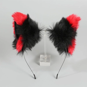 Handmade black and red plush fox cat ears headband for Lolita cosplay on acrylic stand