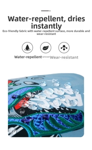 Water-repellent fabric detail with dinosaur embroidery on light blue school backpack
