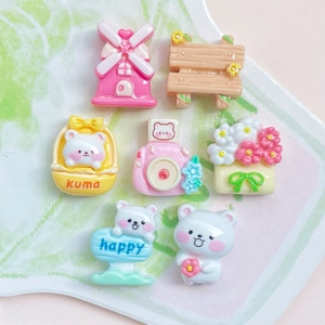 7-piece set of mini resin kawaii accessories featuring bears, cameras, and windmill charms