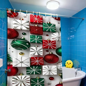 Waterproof Christmas shower curtain with red gift box patterns and white hooks