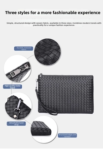 Detail view of black woven leather clutch showing metal zipper and wrist strap texture