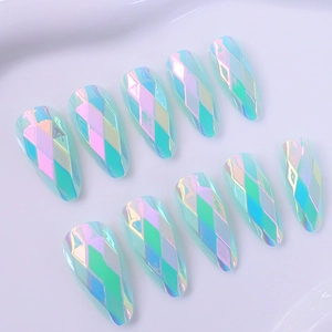 Holographic long almond press-on nails with 3D embossed geometric rhombic pattern