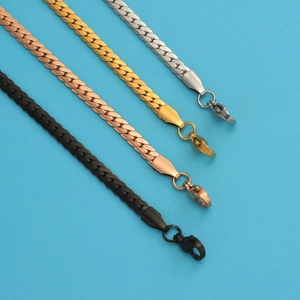 Flat stainless steel snake chain bracelets in silver, gold, rose gold and black with lobster clasp