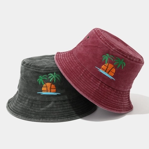 Washed cotton bucket hats in dark grey and burgundy with coconut tree sunset embroidery