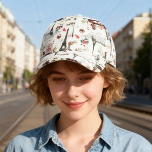 Dettaglio della stampa vintage con Torre Eiffel e rose su cappello bianco