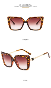 Detail view of leopard print oversized sunglasses with tea gradient lenses and gold temples