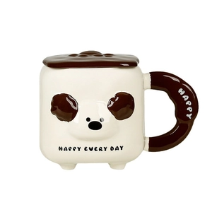 Cute cartoon puppy ceramic mug with lid and handle, large capacity creamy white coffee cup