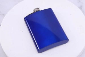 Top-down view of blue stainless steel flask showing silver screw cap and hinged arm detail