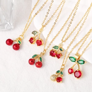 Sweet Cherry Pendant Necklace Gold Plated Copper Zircon Enamel Fruit Jewelry For Women Girls Elegant Aesthetic Minimalist Accessory