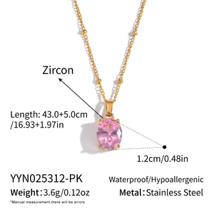 Detail showing pink oval zircon pendant dimensions and 43+5cm chain on golden necklace