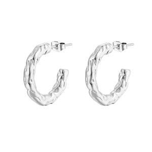 Retro silver C-shaped earrings with irregular textured molten metal surface for women