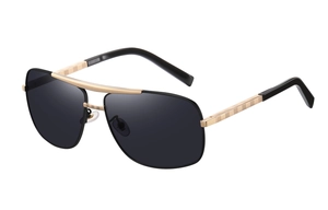 Detail of retro square polarized sunglasses showing the gold double bridge and woven temples
