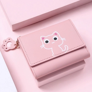 Women Short Wallet PU Leather Trifold Cute Cartoon Cat Pattern Card Holder Coin Purse With Cat Paw Pendant Sweet Style