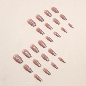 Long coffin fake nails with pink ombre, glitter stars, and heart patterns 24pcs set