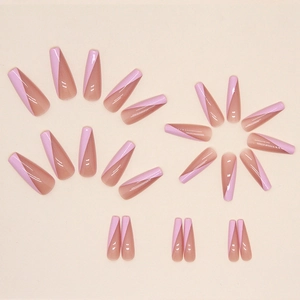 Light pink long coffin press-on nails with lilac slanted French tips 24pcs set