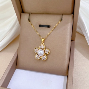 Elegant five-petal pearl necklace with rectangle zircon inlay in a luxury display box