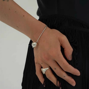 Minimalist silver ball cuff bracelet and chunky polished ring set for modern women