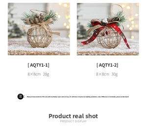 Detail of Christmas iron woven ball ornaments with pine cones and festive bows