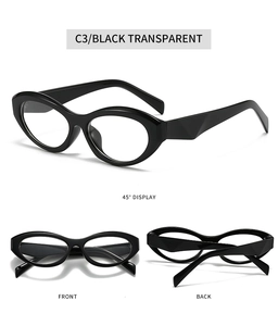 Oval black sunglasses with thick frames and geometric temple detail shown from multiple views