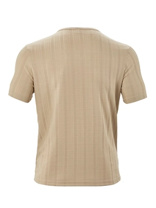 Detailed back view of khaki waffle fabric texture on a casual men's short sleeve V-neck tee