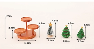 Miniature wooden display stand with three decorated Christmas trees including dimensions