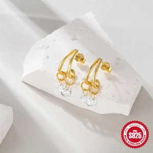 Classic S925 sterling silver gold-plated double ring earrings with clear zircon drops