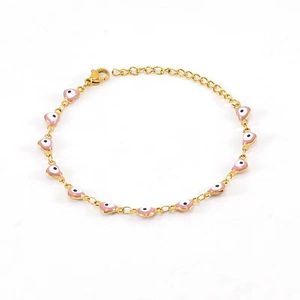 18K gold plated evil eye bracelet with pink heart charms and lobster clasp for women