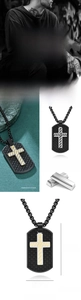 Macro detail of black carbon fiber cross pendant in polished stainless steel