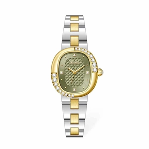 Elegant two-tone steel ladies watch with green quilted dial and crystal-encrusted bezel