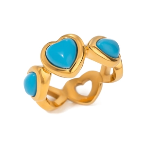 Golden heart ring featuring blue turquoise stones and intricate hollow heart patterns