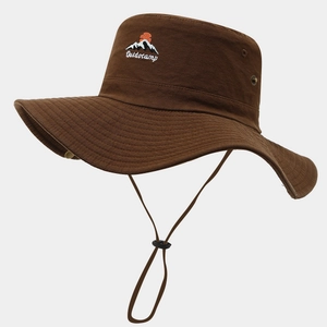 Detail of wide-brim outdoor hat showing embroidery logo and adjustable chin strap