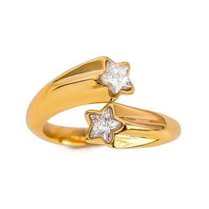 Polished gold shooting star open ring featuring two sparkling star-cut zircon stones