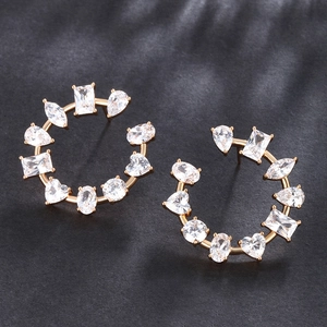 Elegant C-shaped gold hoop earrings with multi-cut colorful cubic zirconia for women