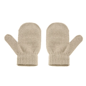 Detail view of beige knit mittens for kids with ribbed cuffs and soft texture