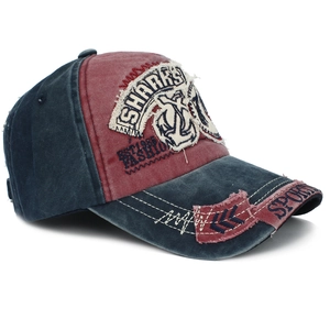 Red and blue vintage washed cotton baseball cap with Shark 3D embroidery at 45-degree angle