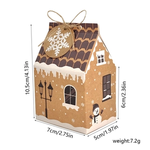 Christmas house-shaped kraft paper candy box with snowflake tag and hemp rope details