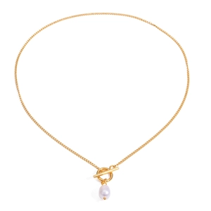 18K gold plated stainless steel necklace with white pearl pendant and OT toggle clasp
