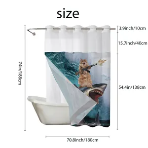 Detailed shower curtain size chart with measurements for hooks and cat riding shark pattern
