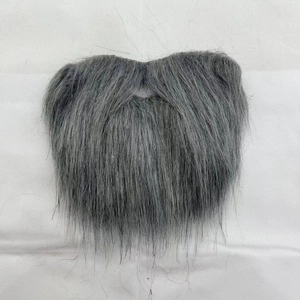Detailed view of grey synthetic long beard accessory for Halloween costume on white cloth